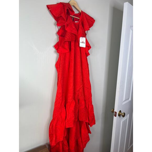 NWT Amur Ruffled Gathered Floral-Jacquard Lined Cap Sleeve Hi-Lo Dress Red Sz: 0 - Picture 3 of 9